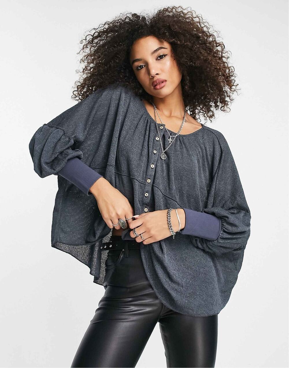 Free People Marla Jersey Henley top Gray oversized XS